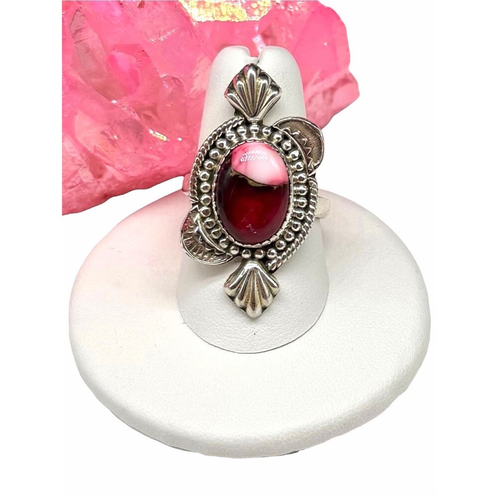 Kingman Red Rose Dahlia Turquoise Ring Adjustable Size 7 - 9 925 Sterling Silver